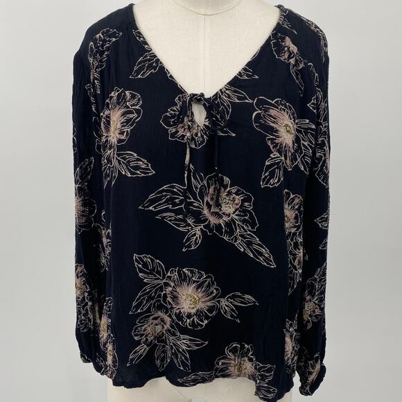 Amuse Society Floral Print Blouse Top Keyhole Tie Neckline Black Light Pink S - Picture 2 of 8